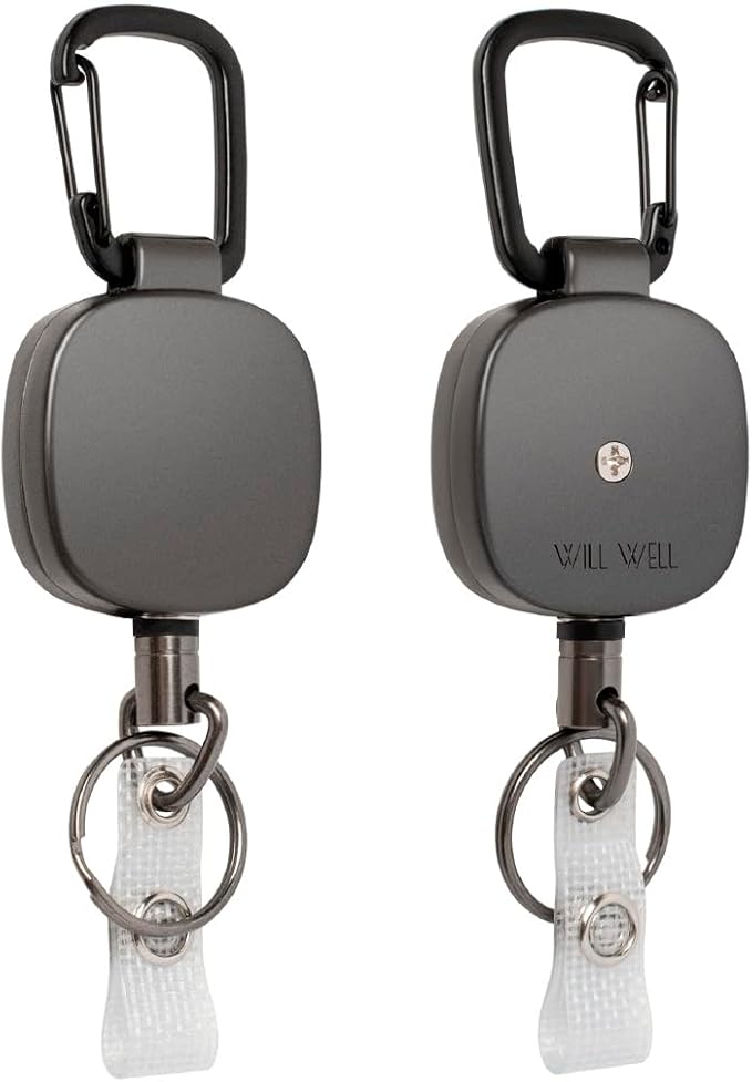 Will Well ID Badge Holder Reel with Clip and Keyring - Heavy-Duty All-Metal Casing with 27.5"UHMWPE Fiber Pull Cord for Durability and Easy Access, Holds up to 8 Keys - 2-Pack, Square, Matte Black