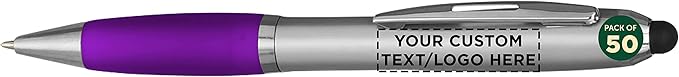 DISCOUNT PROMOS Custom Stylus Ballpoint Pens Set of 50, Personalized Bulk Pack - Black Ink, Great for Office, School, Business, Tradeshows, Events - Purple