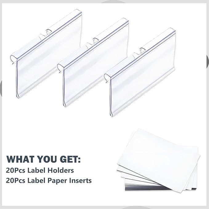 Diteje 20 Pack Plastic Wire Shelf Label Holder,Shelving Rack Retail Sign Hook Labels Clip On with Paper Inserts, 3.94x1.50inch