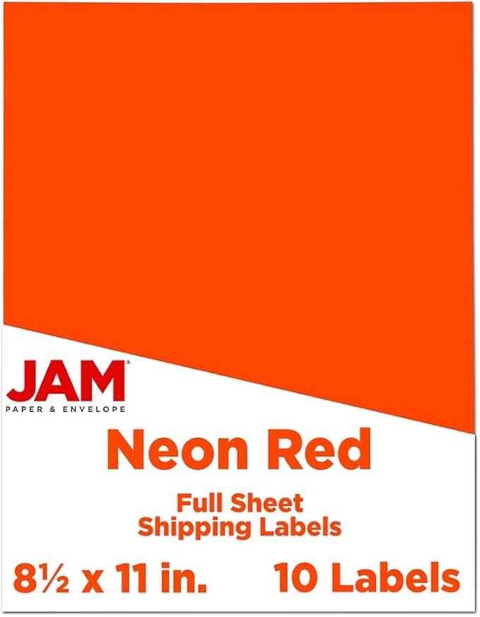 JAM PAPER Full Sheet Shipping Labels - Printable Sticker Paper - 8 1/2 x 11 - Assorted Neon Colors - 40 Pages/Pack