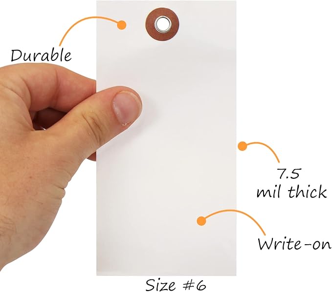 SmartSign 5.25 x 2.625 inch Blank White Shipping Tags with Metal Eyelet (Size-6), 7.5 mil HDPE Plastic, Writable, Pack of 1000 (No Wires), Made in USA