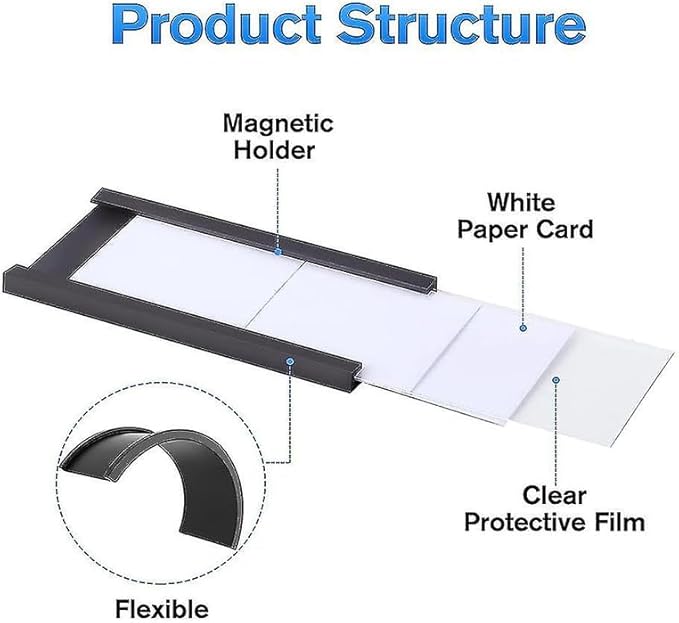LLPT Magnetic Label Holder 4" x 2" 26 Packs C Channel White Paper Cards Protective Film Strong Removable for Shelf White Board Toolbox Metal Wall Cabinet Drawer(MH42026)