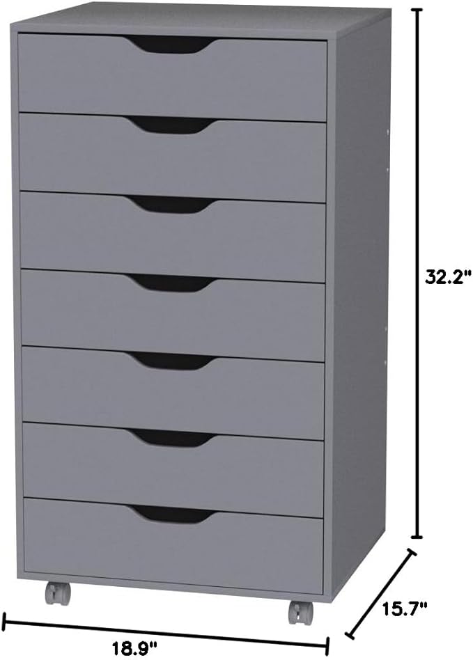 Naomi Home 7-Drawer Grey Dresser with Lockable Casters, Smooth Gliders, and Spacious Top - Sleek Storage for Bedroom or Office