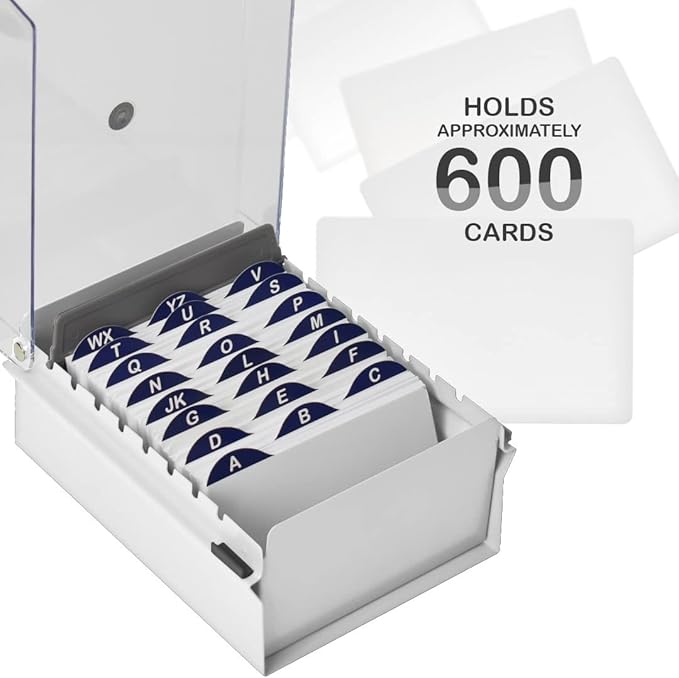 Acrimet 3 x 5 Card File Holder Organizer Box Metal Base Heavy Duty (AZ Index Cards and Divider Included) (White Color with Clear Crystal Plastic Lid Cover)