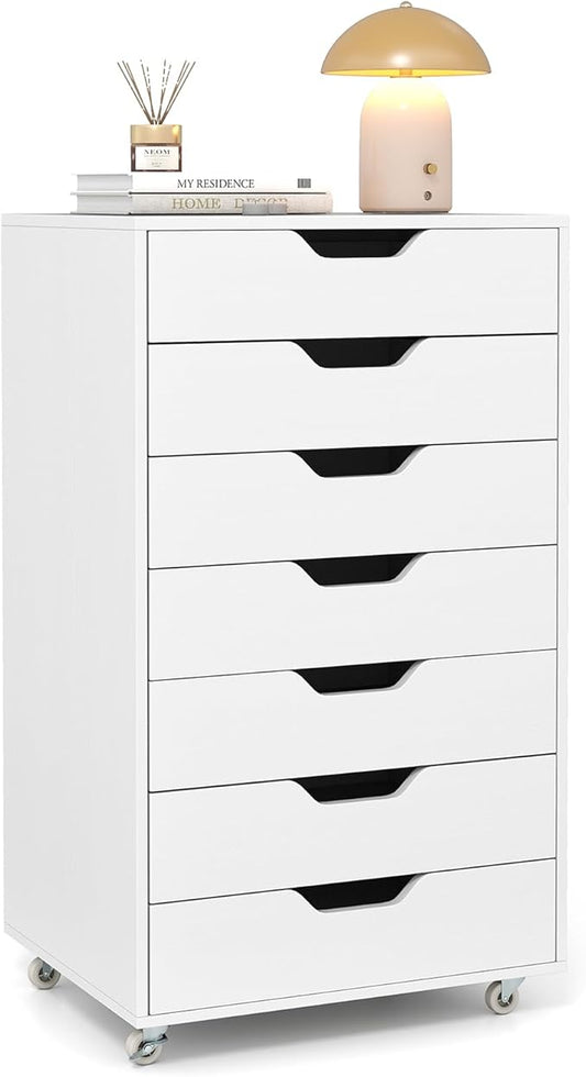 Giantex Drawers Cabinet Mobile Lateral Filing Organizer with 7 Drawers and Wheels Mobile Side Cabinet Chest for Home Office Storage Use 7-Drawer Dresser (19” x 16” x 34.5”, White)