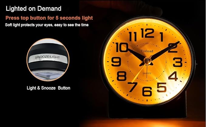 Tinload 4.3" No Ticking Analog Alarm Clock,Silent Readable for Seniors,Easy to Set,Gradual Rise Alarm,Big Numbers,On/Off Switch on Side,Gentle Wake,Snooze,Lighted on Demand,Battery Operated,Black