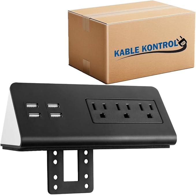 Kable Kontrol Desk Clamp Power Strip with 4 USB-A Ports, Nightstand Charging Station, 3 AC Outlets, Fast Charger, Easy Installation for Home, Offices, Hotels – 4.9 Ft, Black, 20 Pcs