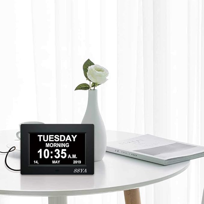 SSYA 7 Inch Calendar Clock - 12 Alarm Options, Level 5 Auto Dimmable Display,Extra Large Impaired Vision Digital Clock with Non-Abbreviated Day & Month (Black)