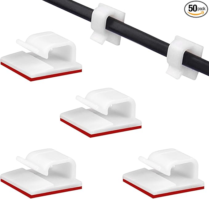 SOULWIT 50 Pcs Self Adhesive Cable Management Clips, Cable Organizers Sticky Wire Clips Cord Holder for TV PC Laptop Ethernet Cable Desktop Home Office (White)