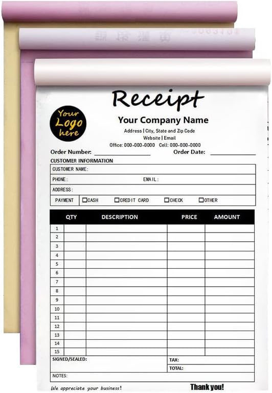 Custom Carbonless Sales Invoice Form Books for Small Business, Personalized NCR 3-Part Receipt Book with Carbon Copies, Cover Add Company Name, Address and Number Printed