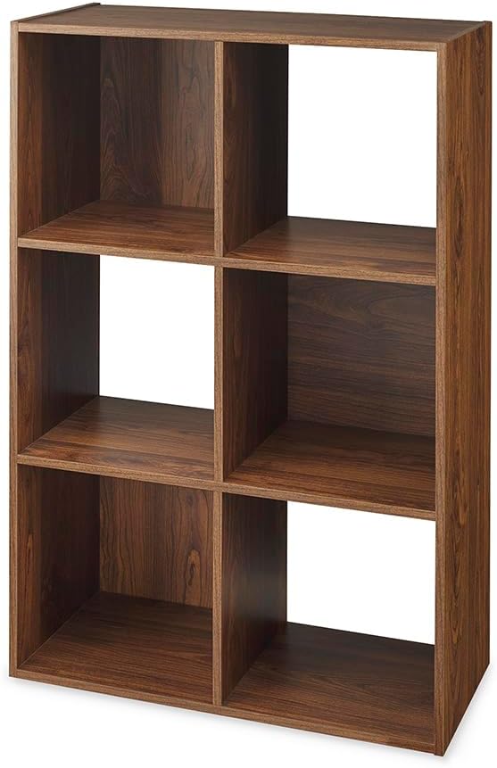 Whitmor 6 Cube Bookcase Storage Organizer, 3 Tier Stackable MDF Bookshelf, Open Storage Display Shelf, Storage Cabinet for Living Room, Bedroom, Home, Office, 23.9" L x 11.7" W x 35.5" H, Walnut