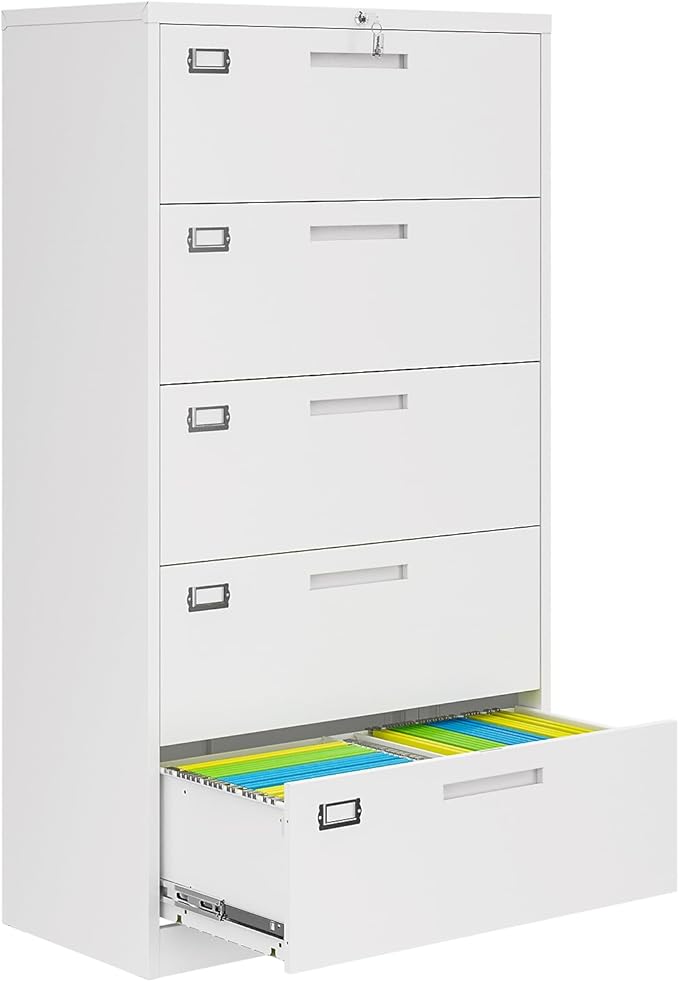 AFAIF 5 Drawer File Cabinets for Home Office, Metal Filing Cabinet with Lock, White Locking File Caninet Five Drawer, Office Storage Caninets Steel Cabnet for Letter/Legal/A4/F4-Assembly Required