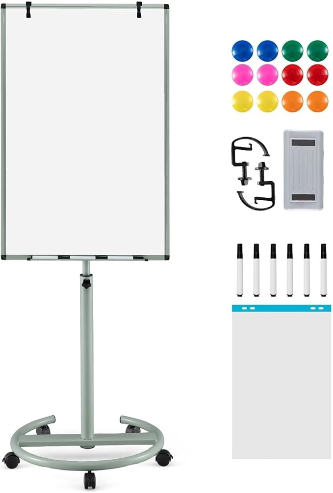 Goplus 40” x 26” Rolling Whiteboard, Height Adjustable Magnetic Dry Erase Board on Wheels with Round Stand, Paper Clips, Storage Tray, Paper Pad, Magnets, Markers, Mobile White Board for Office School