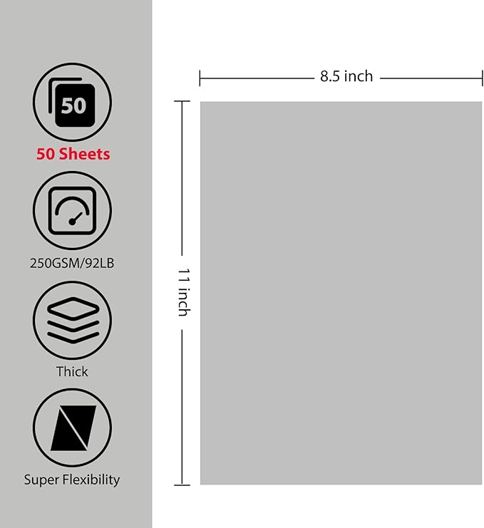 OcePor 50 Sheets Grey Cardstock Paper, Colored Printer Paper 8.5 x 11, Card Stock Thick Construction for Craft,Scrapbook，Office Printing, Invitations, Certificates，92 lb/250gsm