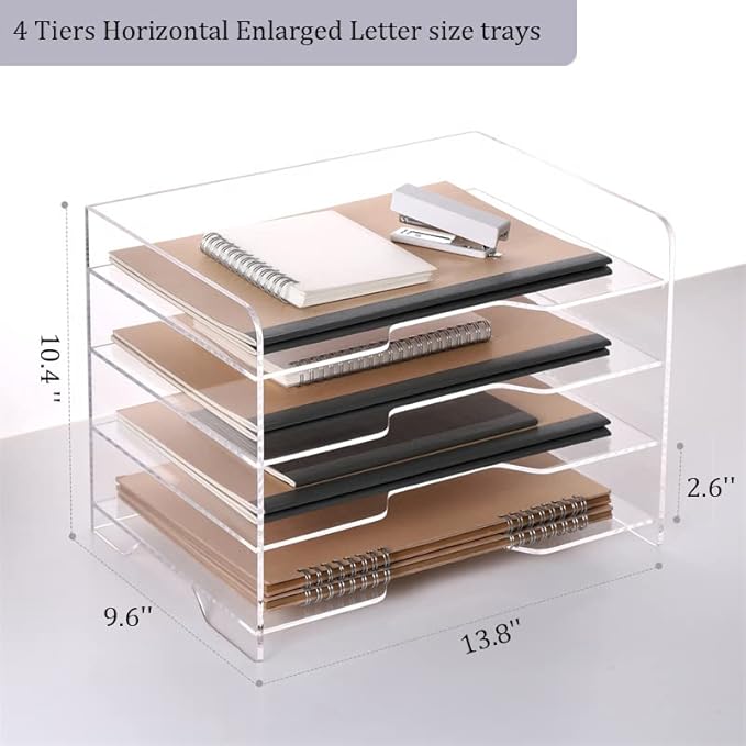 HeZone Acrylic Desk Organizer, 4 Tier Paper Tray, Clear Letter Tray, Office Accessories