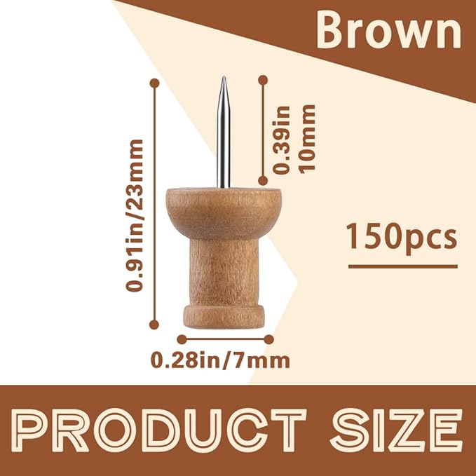 150 Pcs Push Pins for Cork Board, Decorative Thumb Tacks Wooden Push Pins Head Pin Wood Map Tacks Marking Pin, Wood Thumb Tacks Decorative for Bulletin Boards Craft Projects with Storage Box, Coffee
