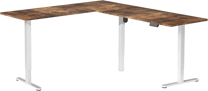 VIVO Electric Corner 84 x 63 inch L-Shaped Standing Desk, Memory Height Adjustment, Rustic Vintage Brown Top White Frame, DESK-E3CTWN-84