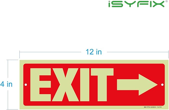 iSYFIX Exit Signs with Directional Right Arrow - 6 Pack 12x4 Inch Glow in the Dark for Business, School, Office, Warehouse - Durable 40 Mil Polystyrene, UV Laminated, Waterproof, Scratch & Fade Resistant
