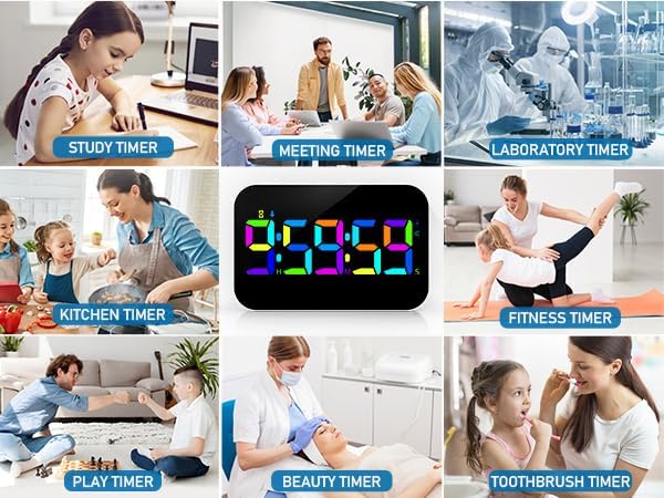 Kitchen Digital RGB Timer, Count Down Up, Rechargeable, Vibration Mode Adjustable Volume and Brightness LED Display, Time Management Cook, Desk, Kids Adults Study Teaching, Kitchen Gadgets