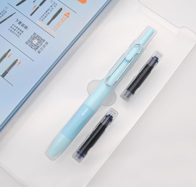 xixixiaozhu OASO K018 Sealed Retractable Fountain Pen Set 0.5mm with 2pcs Blue Ink Cartridges Smooth Writing for School Students (Light Blue)