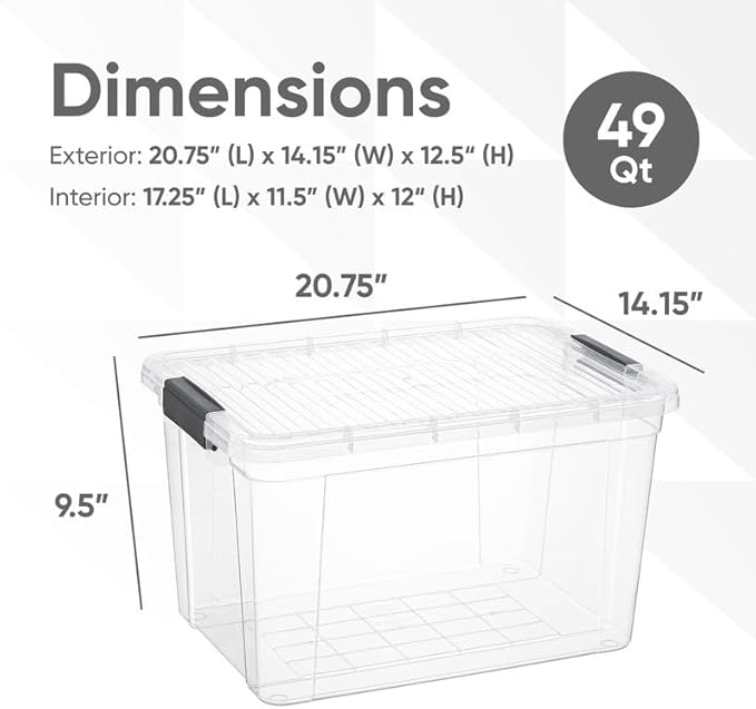 Superio Clear Storage Boxes with Lids, 49 Quart Plastic Container Bins for Organizing, Stackable Crates, BPA Free, Non Toxic, Odor Free, Organizers for Home, Office, School, and Dorm, 2 Pack