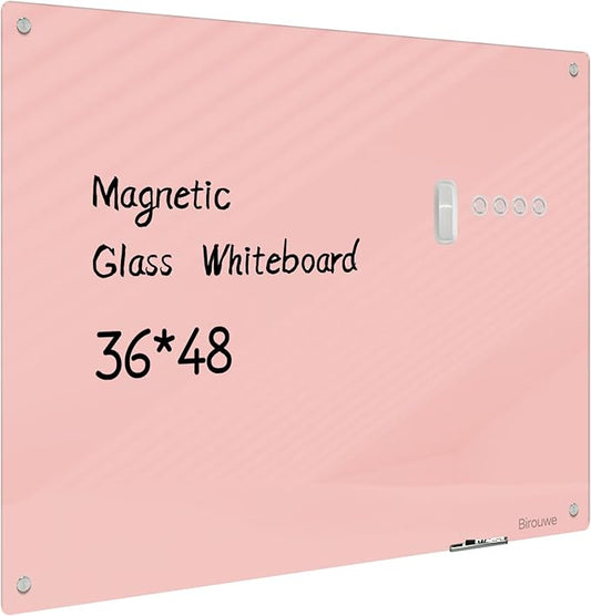 Magnetic Glass Whiteboard - 48"x36" Frameless Glass Dry Erase Board for Walls, Office, School, Home - Pink