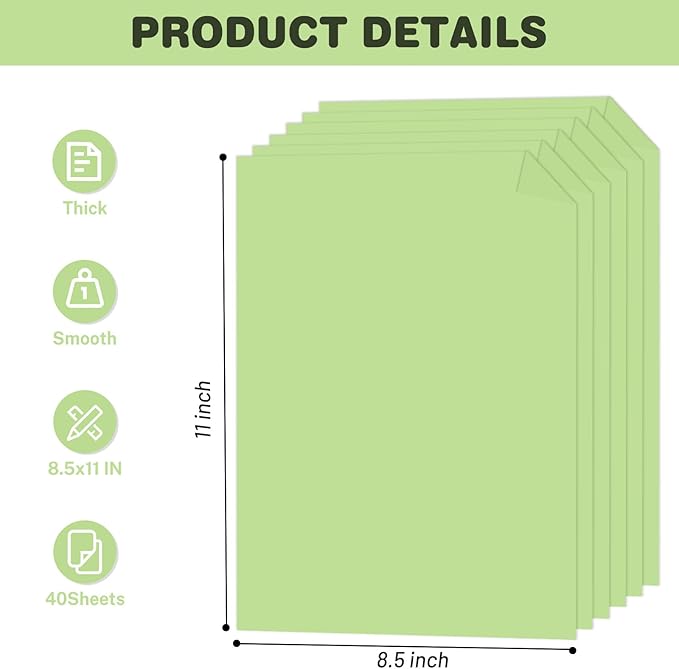 Cardstock 8.5 X 11, 40 Sheets Light Green Card Stock, 75lb/ 200gsm Pale Green Copy and Printer Paper For Art, Drawing, Invitations, DIY Cards, Watercolor, Craft, Construction, School & Office Supplie