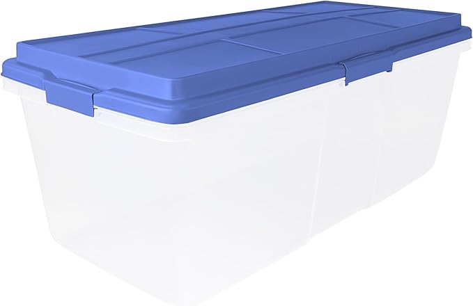 113 Qt Large-Capacity Clear Plastic Stackable Storage Bin with Locking Latches & Tall Lid - Ideal for Home, Office, Garage | Stores Crafts, Household & Seasonal Items (Blue)