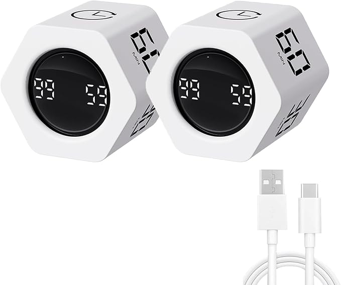 Productivity Timer Flip Gravity Sensor Cube Timer Countdown & Countup,Mute & Vibrate & Sound，5/10/30/60min & Custom Timing, Perfect for ADHD,Work,Learning,Kitchen Cooking (2, White Hexagon)