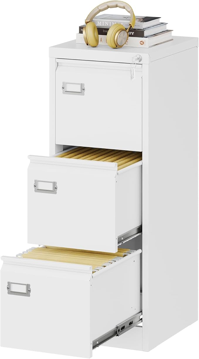 Fesbos 3 Drawers Vertical File Cabinets - 17.8" Deep Lockable Filing Cabinet - White Metal Storage Cabinets for Home Office to Hanging Files Letter/Legal/F4/A4 Size