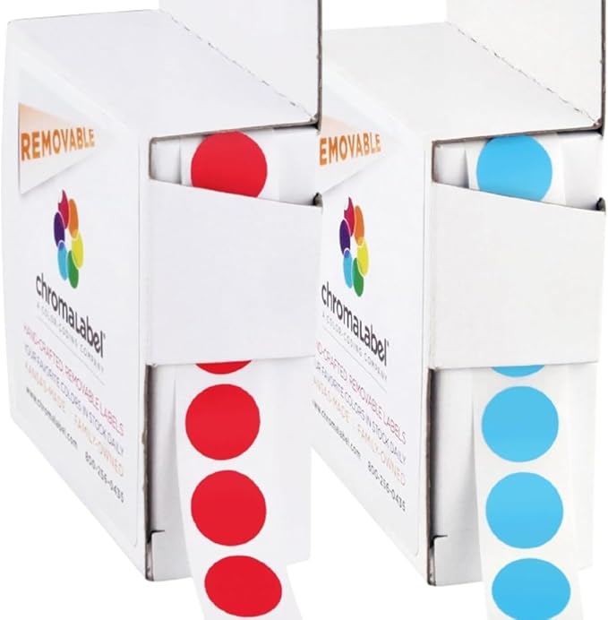 ChromaLabel 1/2 Inch Round Removable Colored Stickers, Dots Color Coding Labels, Ideal Colored Dot Sticker for Arts and Crafts - 1000 Sticker Labels per Dispenser Box, Red and Light Blue Dot Stickers