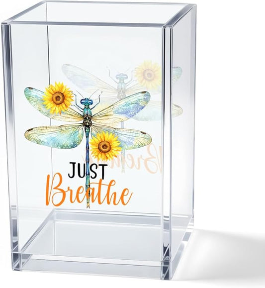 Vgrti Just Breathe Acrylic Cosmetic Pencil Pen Holder Cup, Inspirational Dragonfly Desk Organizer Accessories for Home Office Decor, Motivational Encouragement Gifts for Women Girl Coworker Teacher