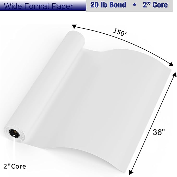 FungLam Wide Format Paper, 24 in x 150 ft Plotter Paper, 2 Rolls CAD Bond Rolls with 2 in Core, 20 LB Bond Papers Rolls, Idea for CAD Drawings, Engineering Plans, GIS Maps & Architectural Designs