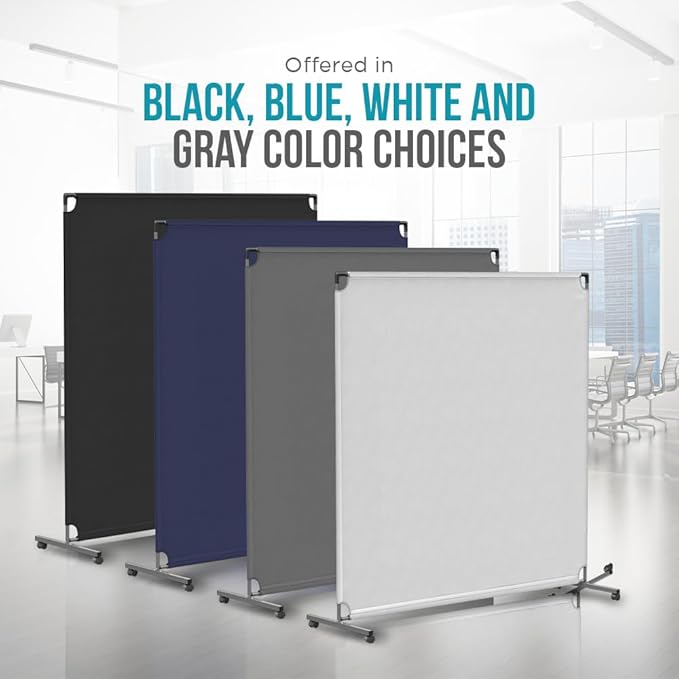 Steel-AID 100-inch Rolling Privacy Room Divider - Freestanding Office Wall Partition with Non See-Through Blackout Screen - Sturdy & Durable Iron Frame - Rolling Wheels - Black, White, Gray & Blue
