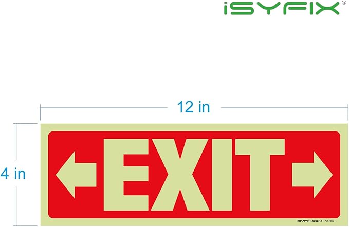 iSYFIX Exit Stickers Signs with Directional Right & Left Arrow 2 Pack 12x4 Inch - Glow in the Dark Photoluminescent Vinyl for Office, School, Business, Warehouse - UV & Weather Resistant for Indoor/Outdoor Use