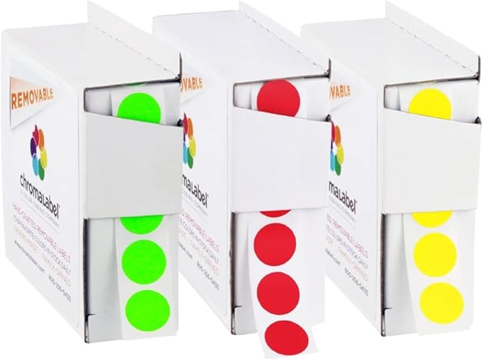 ChromaLabel 1/2 Inch Removable Circle Sticker Labels, Easy to Write On Color Coding Label, Colored Dot Stickers - 1000 Sticky Dots per Dispenser Box, Yellow, Red, and Fluorescent Green Labels