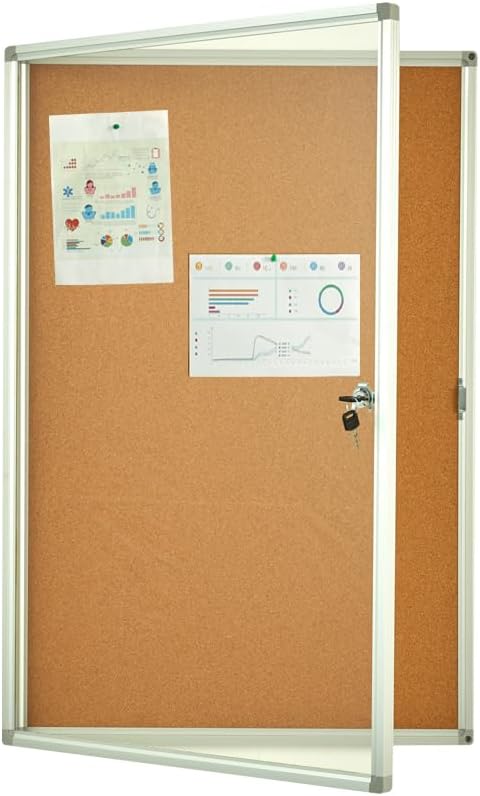 Cork Bulletin Board 24x36 inch Lockable Cork Noticeboard Enclosed Wall-Mounted Display Case for Office Classroom Home School Display Pictures （36x24, Natural Color）