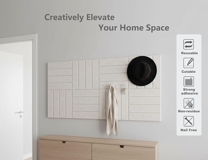 G Gamit Large Felt Wall Tiles Bulletin Board,Large Cork Board Alternative with 30 Pushpins,8-Pack Felt Pin Board with 56 Safe Removable Adhesive Tabs for Home Office School (Oatmeal)