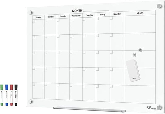 TOWON 36 x 24 Inches Tempered Glass Calendar Dry Erase Board for Wall, 3' x 2' Magnetic Whiteboard Calendar Planner for Office, Home, School Supplies, White