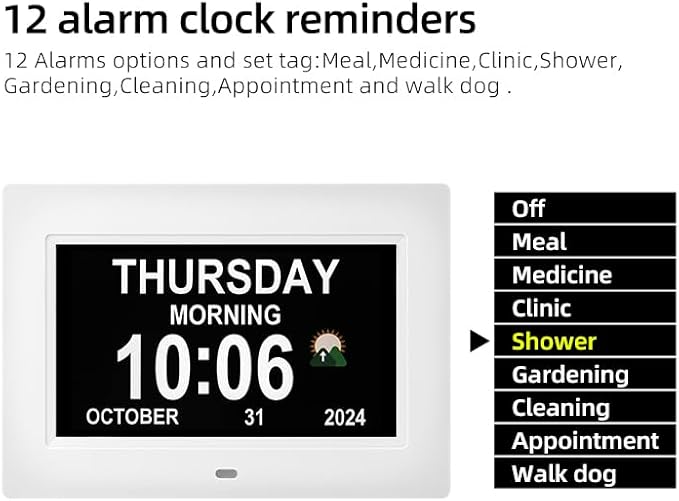 Memwake Digital Alarm Clock, Multiple Alarm Functions, Clock with Date and Day, Digital Alarm and Electronic Calendar for Seniors (White, 7 inch) (7-inch White)