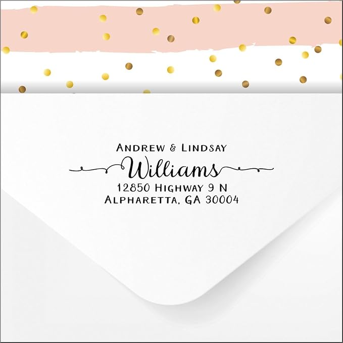 PrettySweetParty Self Inking Return Address Stamp - Custom 4 Line Personalized Address Stamp for Envelopes, Wedding Invitations, Business, Mailing Labels (Williams Curly Tails)