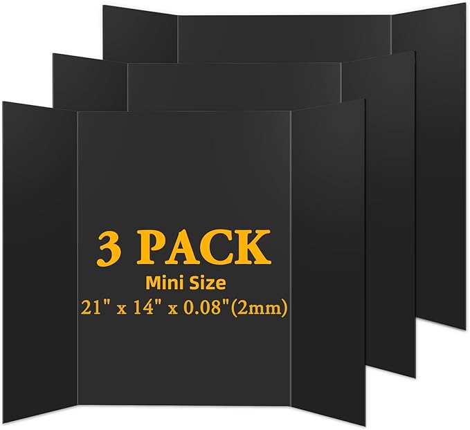 AKONEGE 3PCS Small Trifold Poster Board, 21 x 14 Inches Black Corrugated Cardboards Mini Tri Fold Poster Boards for School Projects, Science Fair, Business Presentations, Exhibitions, Event Display