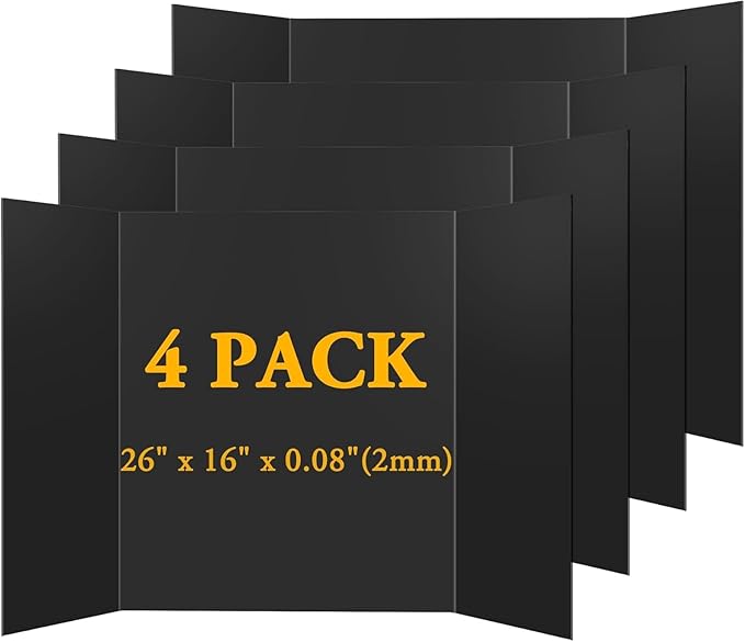 AKONEGE 4PCS Medium Trifold Poster Board 26" x 16" Black Tri Fold Presentation Boards, Corrugated Cardboard Picture/Project Display Boards for Event, Exhibition, Business, School Project, Science Fair