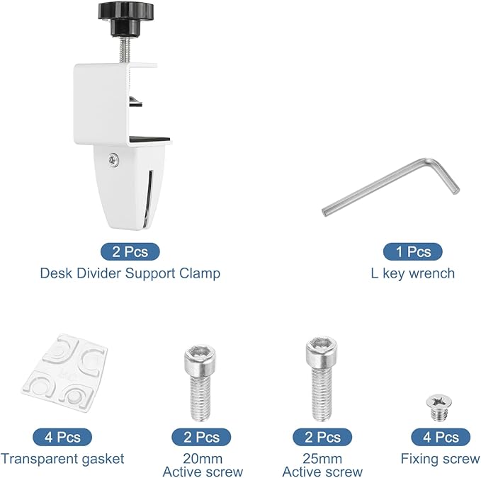 PATIKIL 2 Pcs 1/8" to 1/2" Adjustable Desk Divider Partition Clips, Aluminum Sneeze Guard Support Clamps Desktop Divider Clips for Offices Stores, Counter Privacy Panel,White
