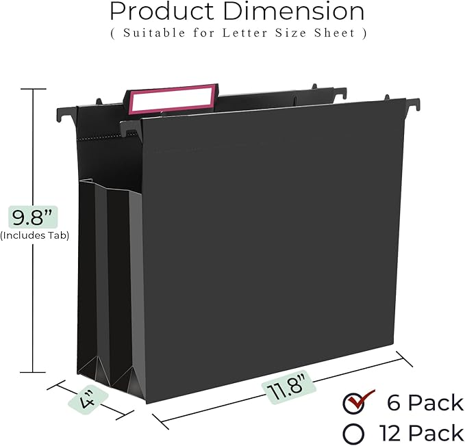 Y YOMA Plastic Extra Capacity Hanging File Folder, Letter Size, 4” Expansion, 6 Pack Black Reinforced Expanding Hanging Folders with Tabs, Heavy Duty Waterproof Accordion for Bulky Files