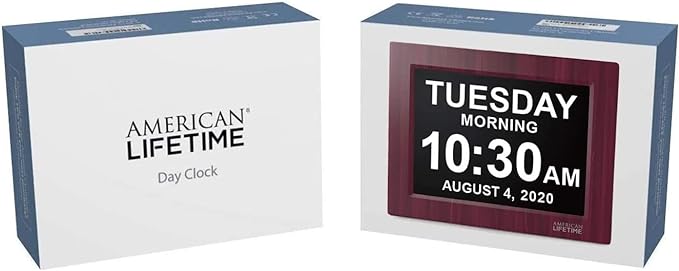 American Lifetime, New Version, Day Clock Extra Large Impaired Vision Digital Clock with Battery Backup and 5 Alarm Options, Premium Mahogany Color, 8 inch