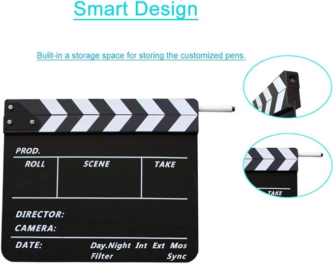Coolbuy112 Movie Directors Clapboard, Photography Studio Video TV Acrylic Clapper Board Dry Erase Film Slate Cut Action Scene Clapper with a Magnetic Blackboard Eraser and Two Custom Pens, Black