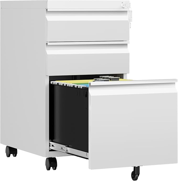 AFAIF 3 Drawer Mobile File Cabinet with Lock, Rolling File Cabinets for Home Office, Under Desk Small File Caninet on wheels, Metal Vertical White Filing Cabnet for Legal/Letter/A4 - Assembly Required