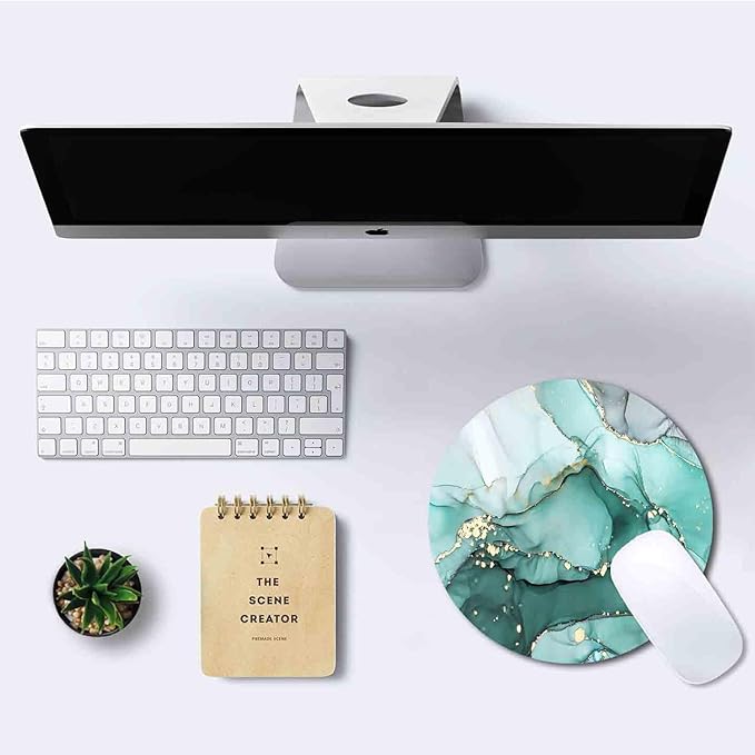 IMAYONDIA Teal Turquoise Mouse Pad Green, Luxury Small Luxury Womens Mouse Pads for Laptop Computer Office Desktop, Mini Travel Modern Round Marble Ink Art Mousepad for Kids Girls, 7.9 X 7.9 in