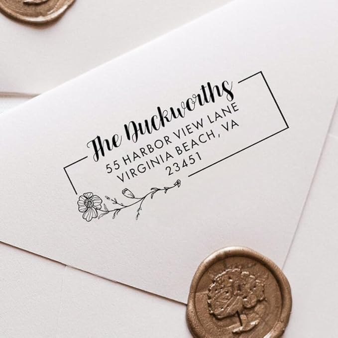 Custom Floral Address Stamp | Choose from 12 Designs | Multiple Ink Color Options | Envelope Return Address Stamp for Couple or Family (Design 8, Large)
